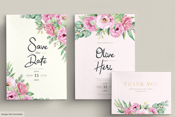 Floral wedding invitation template set with pink roses flowers and leaves