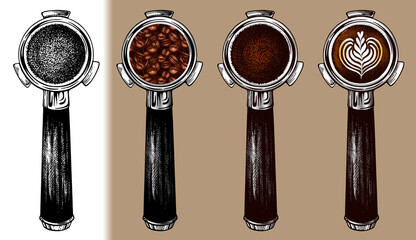 Sketch hand drawn set of coffee  portafilter with coffee beans, latte art, cappuccino. Espresso filter holders isolated., ground roasted coffee,logo, bar, cafe vintage background. Vector illustration - 415278782