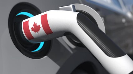 Charging plug in an electric car with flag of Canada. Conceptual 3d animation