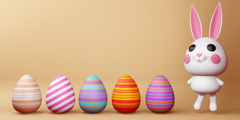Happy easter day, cute bunny with colorful egg, 3d rendering.