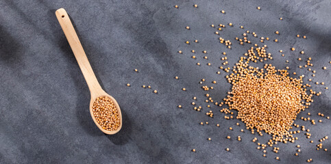 Yellow mustard seeds in the wooden spoon - Sinapis alba.