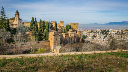 Fototapeta na wymiar View on the Alhambra and the city of Granada (Andalucia, Spain) from the Generalife palace