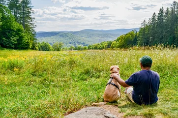 Fotobehang Bosweg A hiker and his dog share a moment gazing out over a beautiful summer field and the rolling New England landscape.  Vermont, USA.