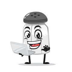 vector illustration of salt shaker mascot or character presentation with laptop