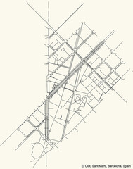 Black simple detailed street roads map on vintage beige background of the El Clot neighbourhood of the Sant Martí district of Barcelona, Spain