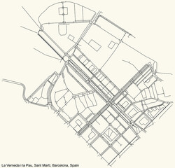 Black simple detailed street roads map on vintage beige background of the La Verneda i la Pau neighbourhood of the Sant Martí district of Barcelona, Spain