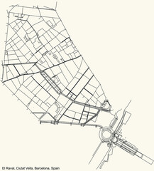 Black simple detailed street roads map on vintage beige background of the El Raval neighbourhood of the Ciutat Vella district of Barcelona, Spain