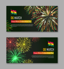 Ghana Independence Day fireworks backgrounds set. National day of Ghana country celebration banner, greeting card, poster, backdrop with fireworks and waving flags realistic vector illustration