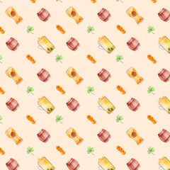 St  Patrick's day watercolor pattern. Beer mugs and brewer hand drawn illustrations. Cute colorful background for Irish celebration. Decorative clipart for scrapbooking. 