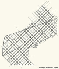 Black simple detailed street roads map on vintage beige background of the quarter Eixample district of Barcelona, Spain