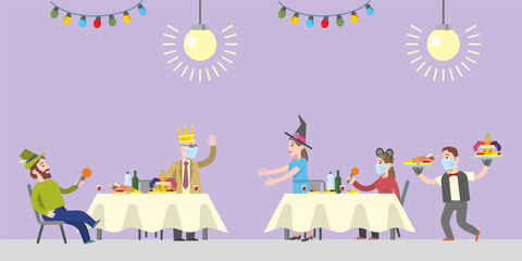 Group of happy business people wearing masks at a corporate party during the coronavirus. Positive men and women at the festive tables, dancing, singing karaoke. Flat infographics. Vector illustration