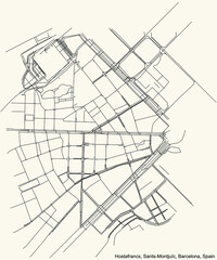 Black simple detailed street roads map on vintage beige background of the Hostafrancs neighbourhood of the Sants-Montjuïc district of Barcelona, Spain