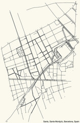 Black simple detailed street roads map on vintage beige background of the Sants neighbourhood of the Sants-Montjuïc district of Barcelona, Spain
