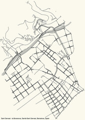 Black simple detailed street roads map on vintage beige background of the Sant Gervasi - la Bonanova neighbourhood of the Sarrià-Sant Gervasi district of Barcelona, Spain