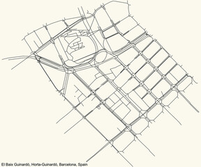 Black simple detailed street roads map on vintage beige background of the El Baix Guinardó neighbourhood of the Horta-Guinardó district of Barcelona, Spain