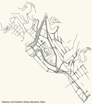 Black simple detailed street roads map on vintage beige background of the Vallcarca i els Penitents neighbourhood of the Gr&agrave;cia district of Barcelona, Spain