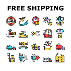 Free Shipping Service Collection Icons Set Vector. Delivery Boy And Truck, Aircraft Worldwide Free Shipping And Warehouse Storage Concept Linear Pictograms. Contour Color Illustrations