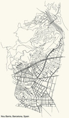 Black simple detailed street roads map on vintage beige background of the quarter Nou Barris district of Barcelona, Spain