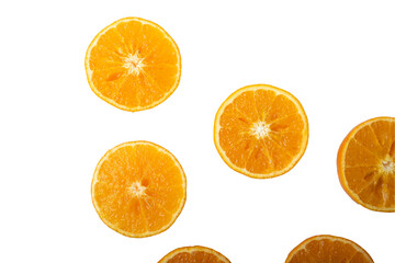 Slices of orange or tangerine isolated on white background. Flat lay, top view. Fruit composition