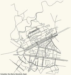 Black simple detailed street roads map on vintage beige background of the Canyelles neighbourhood of the Nou Barris district of Barcelona, Spain