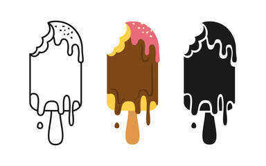 Ice Cream lolly with chocolate cartoon set line icon and black glyph style. Comic dessert on stick with topping. Kawaii bright summer collection sweet food, splash. Isolated vector illustration