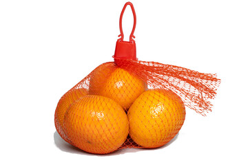 Fresh Oranges in Plastic Mesh Sack on White Background