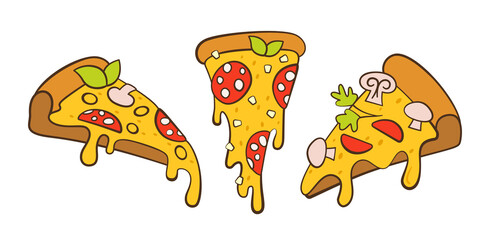 Pizza retro line contour cartoon set. Italian hand drawn pizzas with greens, pepper, tomato olive, cheese mushroom. Margarita and hawaiian, pepperoni. Pizza pieces and ingredients vector collection