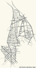 Black simple detailed street roads map on vintage beige background of the quarter Sant Andreu district of Barcelona, Spain