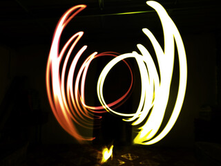 Selective focus.Red and yellow light painting,long exposure photography simple pattern against a...