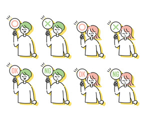 ○×パネルを持つ男女のセット（上半身）