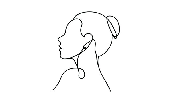 recommend clip art: one line continuous drawing of a female head with hair in a bun from side. hand drawn vector line art minimal design isolated on white background.