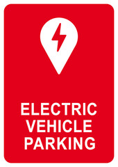 ks843 Kombi-Schild - ELECTRIC VEHICLE PARKING . poster for electric car charging station . location pin . plug-in . flash lightning . print template - DIN A2 A3 A4 red / white g10287