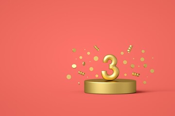 Happy 3th birthday number with festive confetti and spiral ribbons on a golden podium. 3D Render