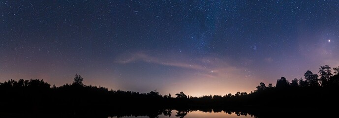 A panoramic view of Tarn Hows at night with silhouetted against the night sky
