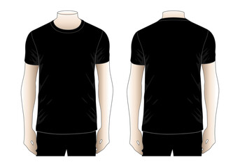 Men's Blank Black Short Sleeve T-Shirt Template on White Background. Front and Back Views. Vector File.