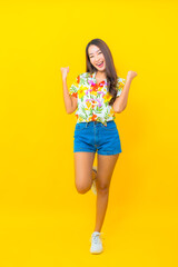 Portrait beautiful young asian woman wear colorful shirt for sonkran festival