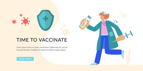 Time to vaccinate. Prevention injection, immunization. Coronavirus infection treatment. Landing page template. Flat concept for web design. A nurse with a large syringe and a vaccine runs to help.