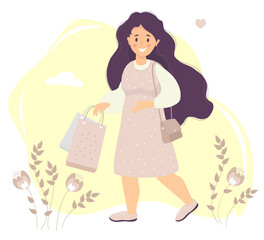 Shopping. Happy girl with long hair in a pink dress smiles in her hand holds paper bags. Decorative background with flowers and leaves, Clouds and hearts. Vector illustration. flat illustration