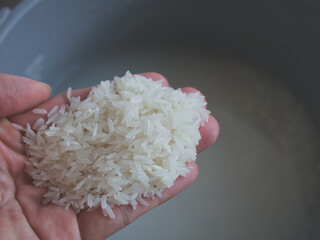 Washed rice with water in pot (Focus on rice in hand), Cleaning and preparing cooking with copy...