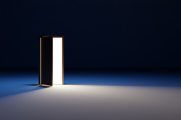 Open door from which white light shines in a dark room with  white lights. Riddle, adventure and mystic concept