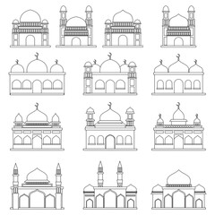 Famous mosques & Islam's holiest places. City travel landmarks. Thin black line art icons with flat design elements. Modern linear style illustrations isolated on white.