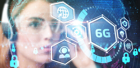 The concept of 6G network, high-speed mobile Internet, new generation networks. Business, modern technology, internet and networking concept.