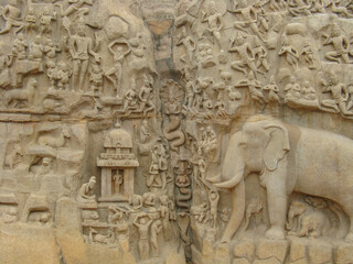 Ancient carvings done on stone in shape of elephant and temple patterns 