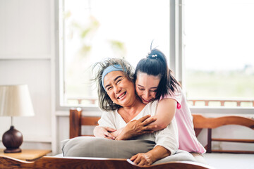 Portrait of enjoy happy love asian family senior mature mother and young daughter smiling laughing...
