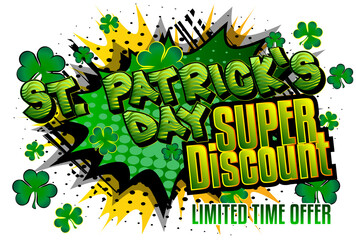 St. Patrick's Day comic book themed fashion sale social media post design or sale poster template. Vector illustration. Retro Cartoon Popup Style.