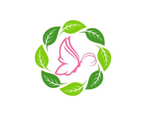 Circular green leaf with flying butterfly