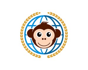 Circular wheat with globe and cute monkey face