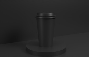 black coffee cup mockup in stand. 3d cup