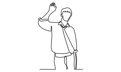 Continue line of businessman greeting someone with his hand raised up