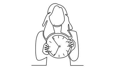 Continue line of woman holding clock, time management deadline concept